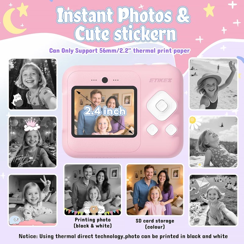 ETIKEZ Kids Camera, 1080P Instant Digital Print Camera for Kids, Christmas Birthday Gifts for 4 5 6 7 8 9 10 Year Old Girls Boys, Portable Toy with 32GB SD Card & 3 Rolls Printing Paper, Pink - Image 3